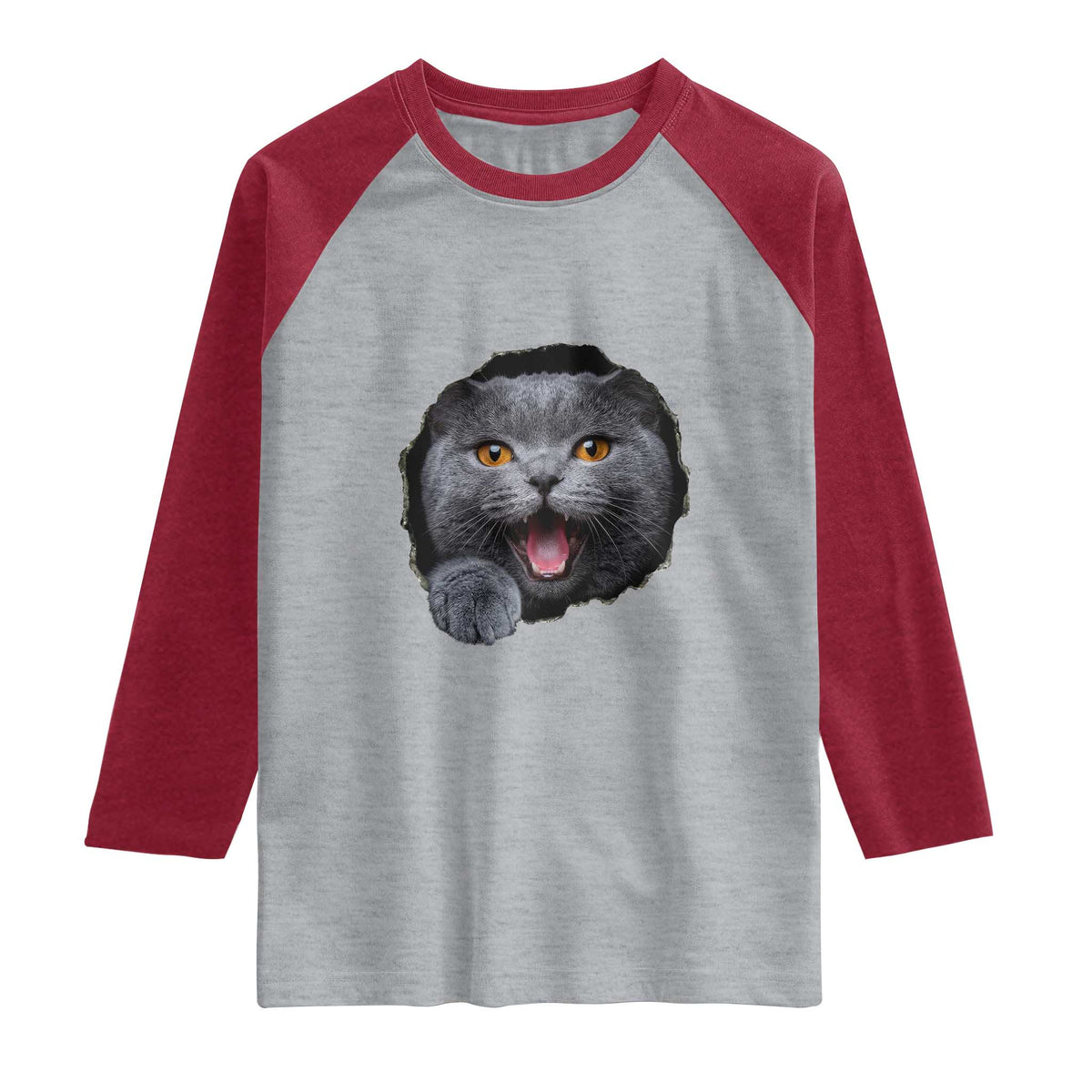 Cute British Shorthair Cat Peeking Through Cracked Wall Raglan Shirt TS12 Heather Gray Heather Red Print Your Wear