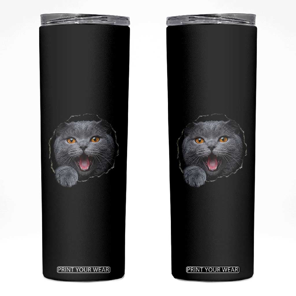 Cute British Shorthair Cat Peeking Through Cracked Wall Skinny Tumbler TS12 Black Print Your Wear