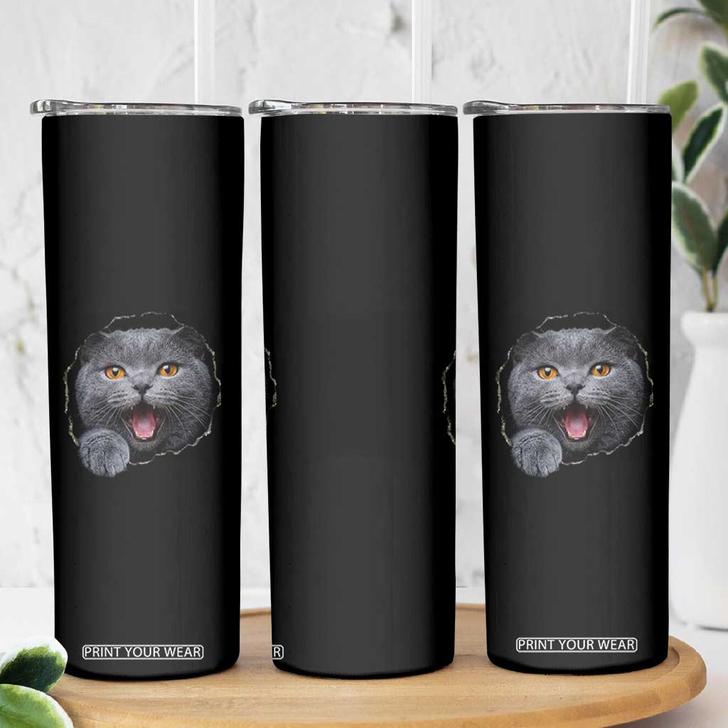 Cute British Shorthair Cat Peeking Through Cracked Wall Skinny Tumbler TS12 Print Your Wear