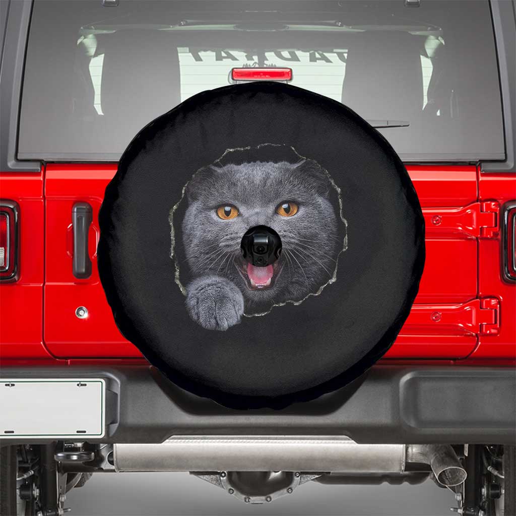 Cute British Shorthair Cat Peeking Through Cracked Wall Spare Tire Cover TS12 Black Print Your Wear