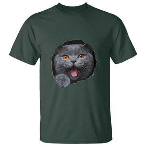 Cute British Shorthair Cat Peeking Through Cracked Wall T Shirt TS12 Dark Forest Green Print Your Wear