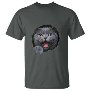 Cute British Shorthair Cat Peeking Through Cracked Wall T Shirt TS12 Dark Heather Print Your Wear