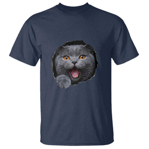 Cute British Shorthair Cat Peeking Through Cracked Wall T Shirt TS12 Navy Print Your Wear