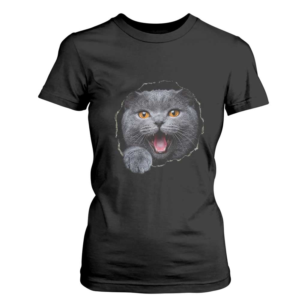 Cute British Shorthair Cat Peeking Through Cracked Wall T Shirt For Women TS12 Black Print Your Wear