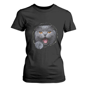 Cute British Shorthair Cat Peeking Through Cracked Wall T Shirt For Women TS12 Black Print Your Wear