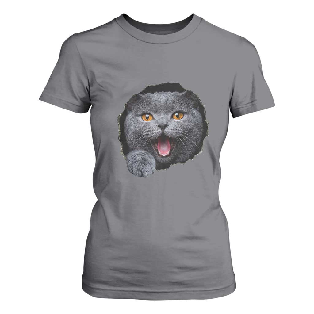 Cute British Shorthair Cat Peeking Through Cracked Wall T Shirt For Women TS12 Charcoal Print Your Wear