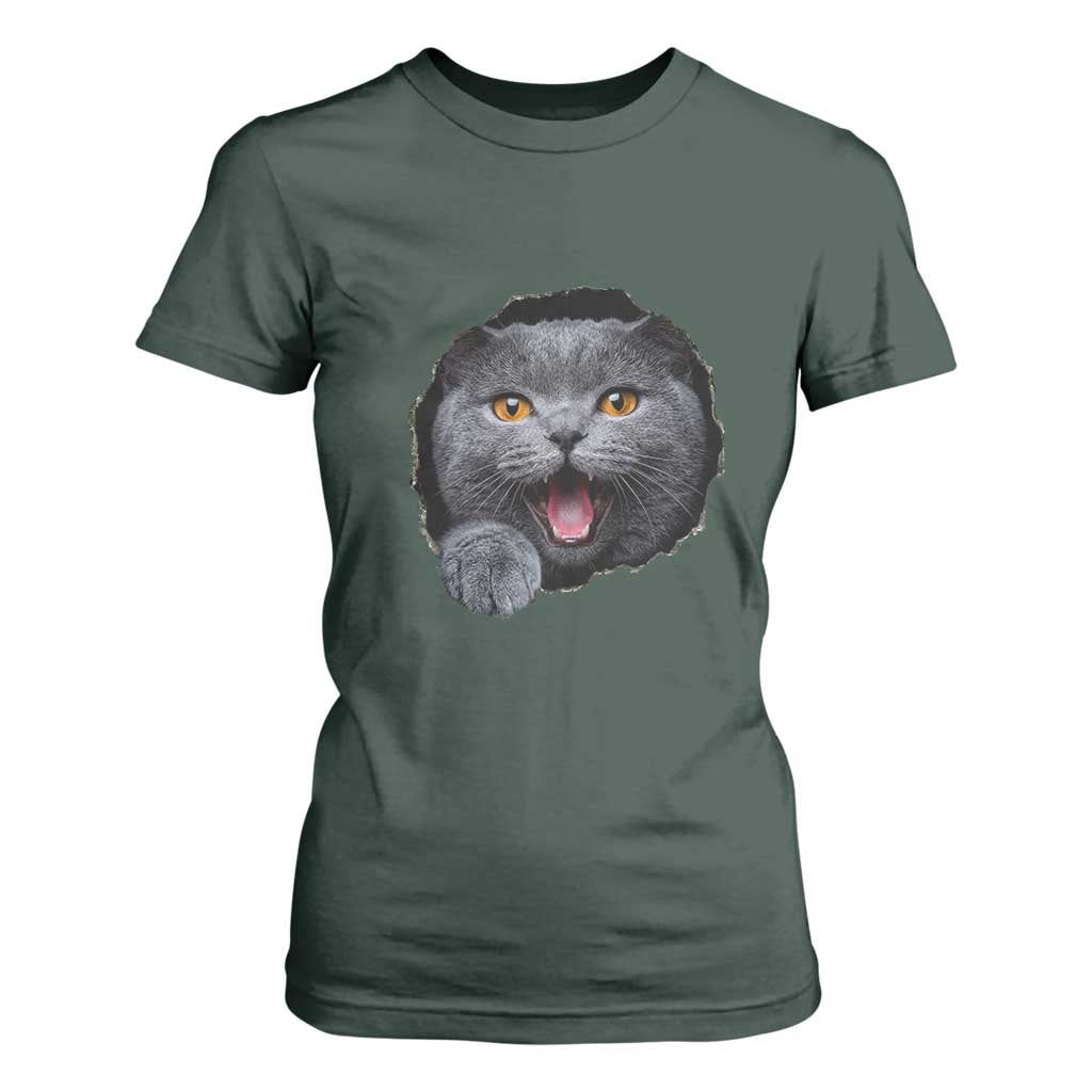 Cute British Shorthair Cat Peeking Through Cracked Wall T Shirt For Women TS12 Dark Forest Green Print Your Wear