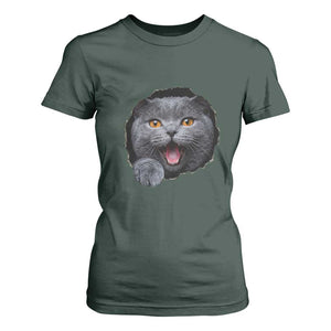 Cute British Shorthair Cat Peeking Through Cracked Wall T Shirt For Women TS12 Dark Forest Green Print Your Wear