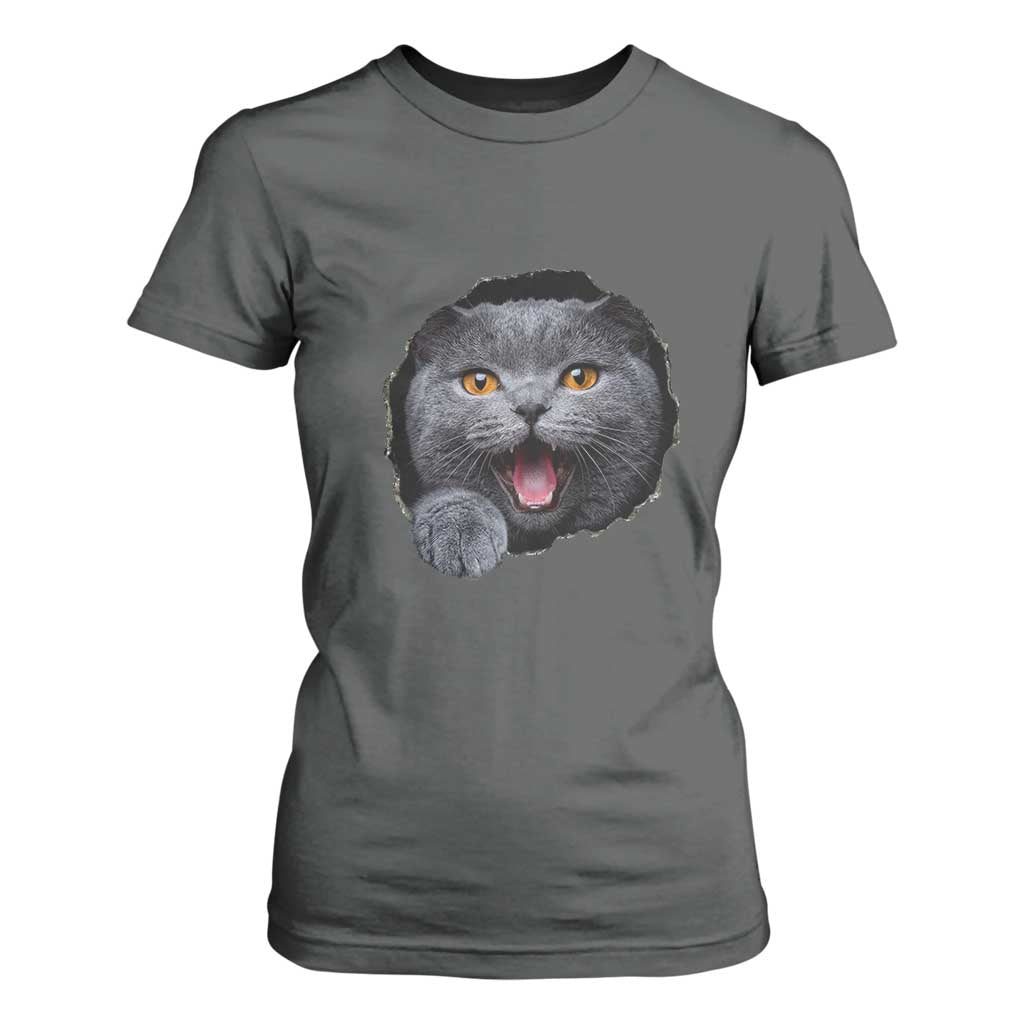 Cute British Shorthair Cat Peeking Through Cracked Wall T Shirt For Women TS12 Dark Heather Print Your Wear