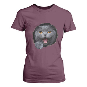 Cute British Shorthair Cat Peeking Through Cracked Wall T Shirt For Women TS12 Maroon Print Your Wear