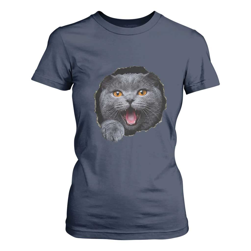 Cute British Shorthair Cat Peeking Through Cracked Wall T Shirt For Women TS12 Navy Print Your Wear