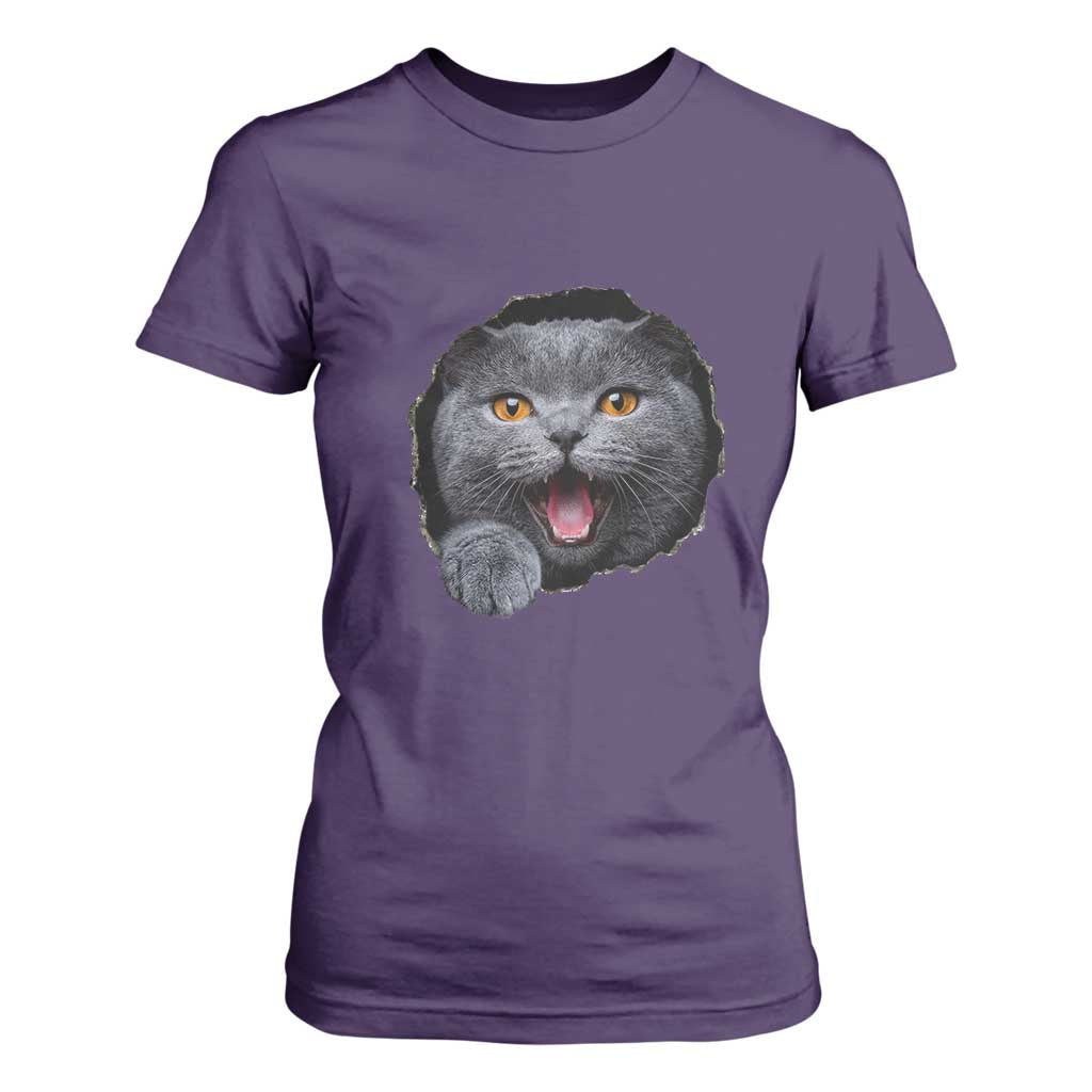 Cute British Shorthair Cat Peeking Through Cracked Wall T Shirt For Women TS12 Purple Print Your Wear
