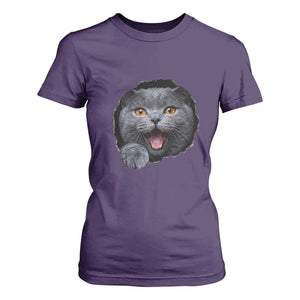 Cute British Shorthair Cat Peeking Through Cracked Wall T Shirt For Women TS12 Purple Print Your Wear