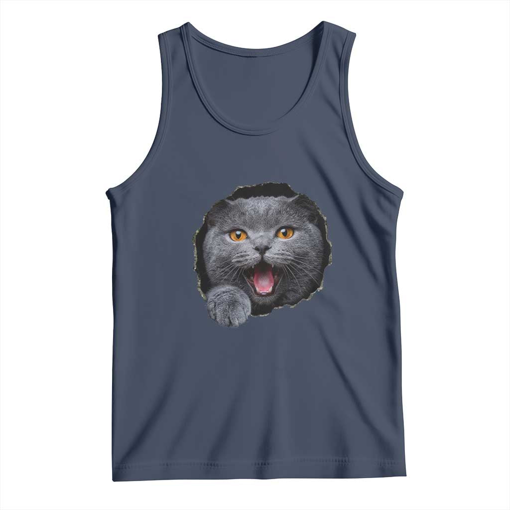 Cute British Shorthair Cat Peeking Through Cracked Wall Tank Top TS12 Navy Print Your Wear
