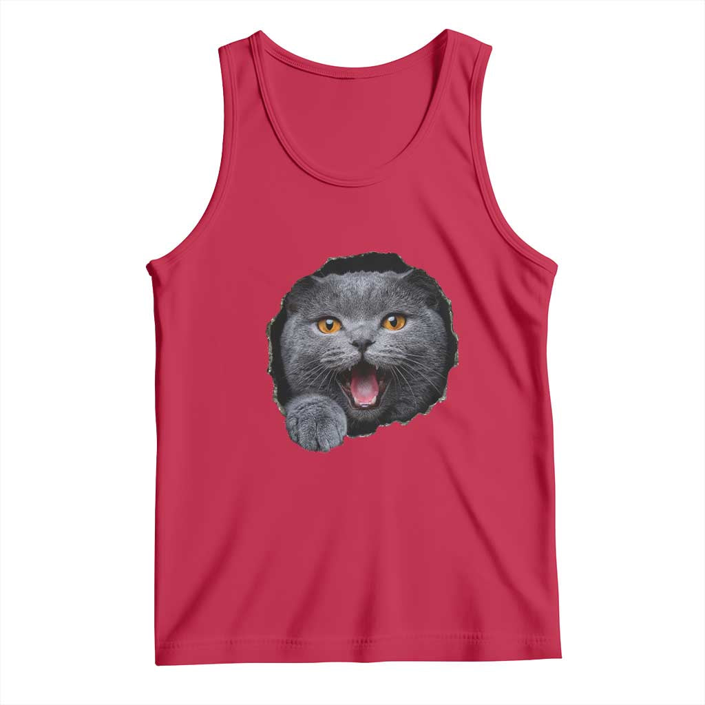 Cute British Shorthair Cat Peeking Through Cracked Wall Tank Top TS12 Red Print Your Wear