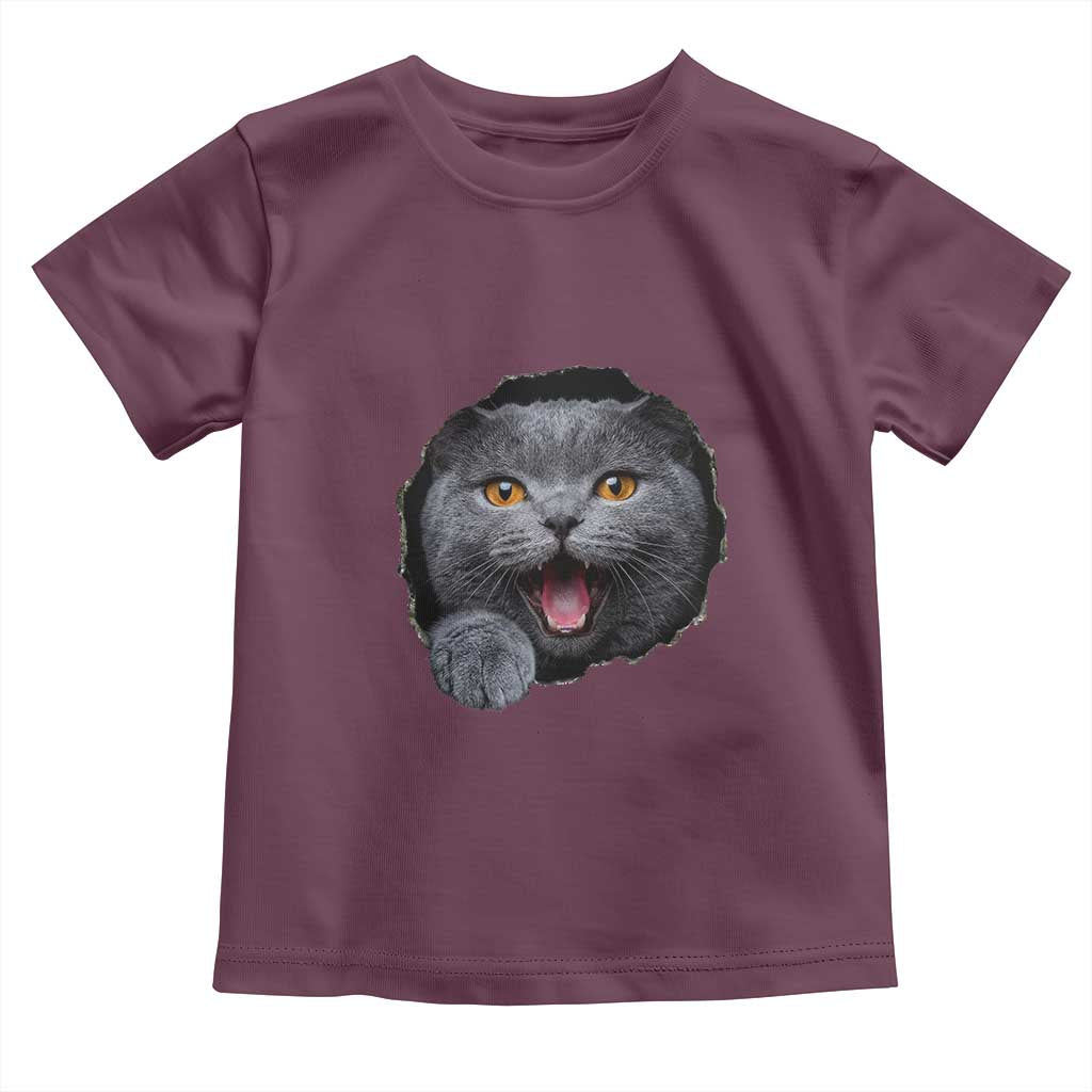 Cute British Shorthair Cat Peeking Through Cracked Wall Toddler T Shirt TS12 Maroon Print Your Wear