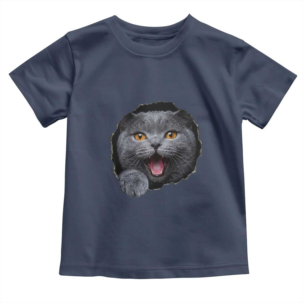 Cute British Shorthair Cat Peeking Through Cracked Wall Toddler T Shirt TS12 Navy Print Your Wear