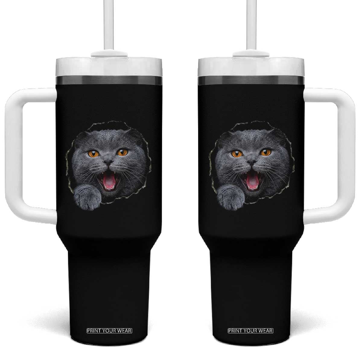 Cute British Shorthair Cat Peeking Through Cracked Wall Tumbler With Handle TS12 One Size: 40 oz Black Print Your Wear