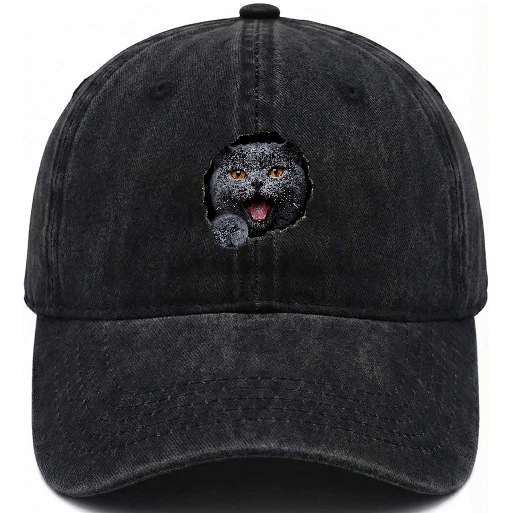 Cute British Shorthair Cat Peeking Through Cracked Wall Washed Cotton Baseball Cap TS12 Print Your Wear