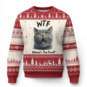 Funny Shocked British Shorthair Cat Ugly Christmas Sweater Where Is The Food TS12 Beige Red Print Your Wear