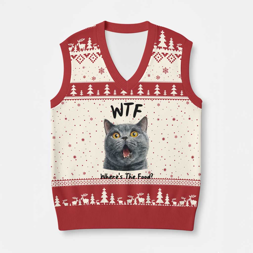 Funny Shocked British Shorthair Cat V-Neck Knit Sweater Vest Where Is The Food TS12 Beige Red Print Your Wear