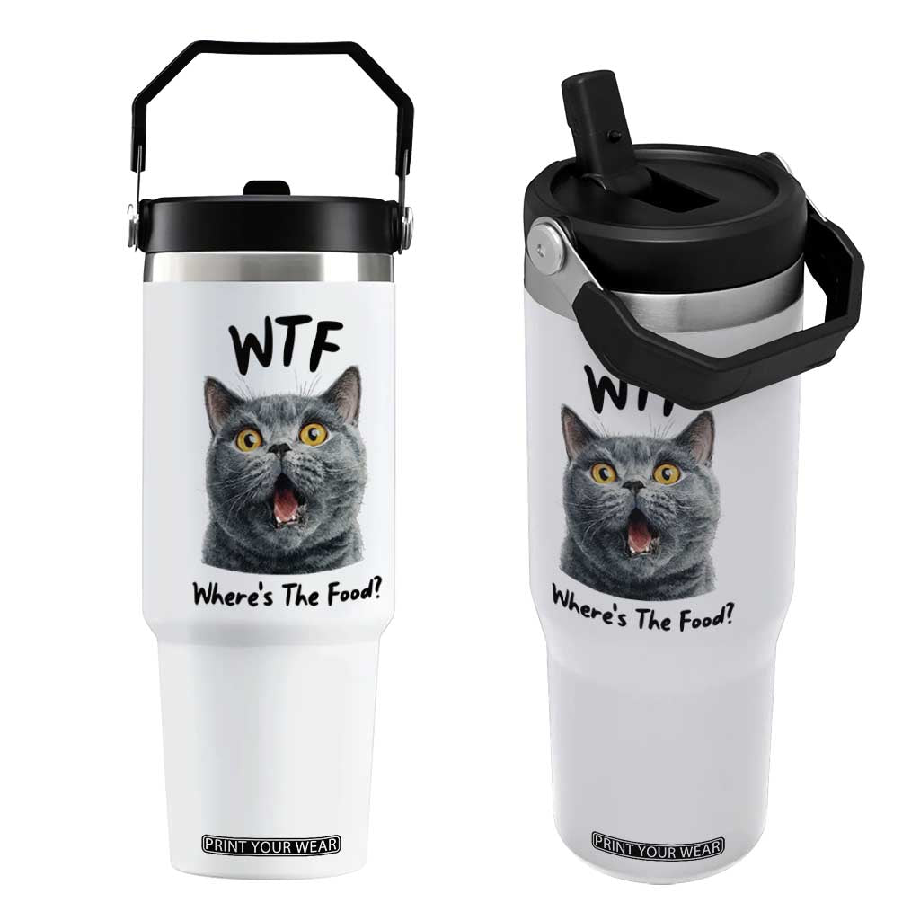 Funny Shocked British Shorthair Cat Flip Straw Tumbler Where Is The Food TS12 One Size: 30 oz White Print Your Wear
