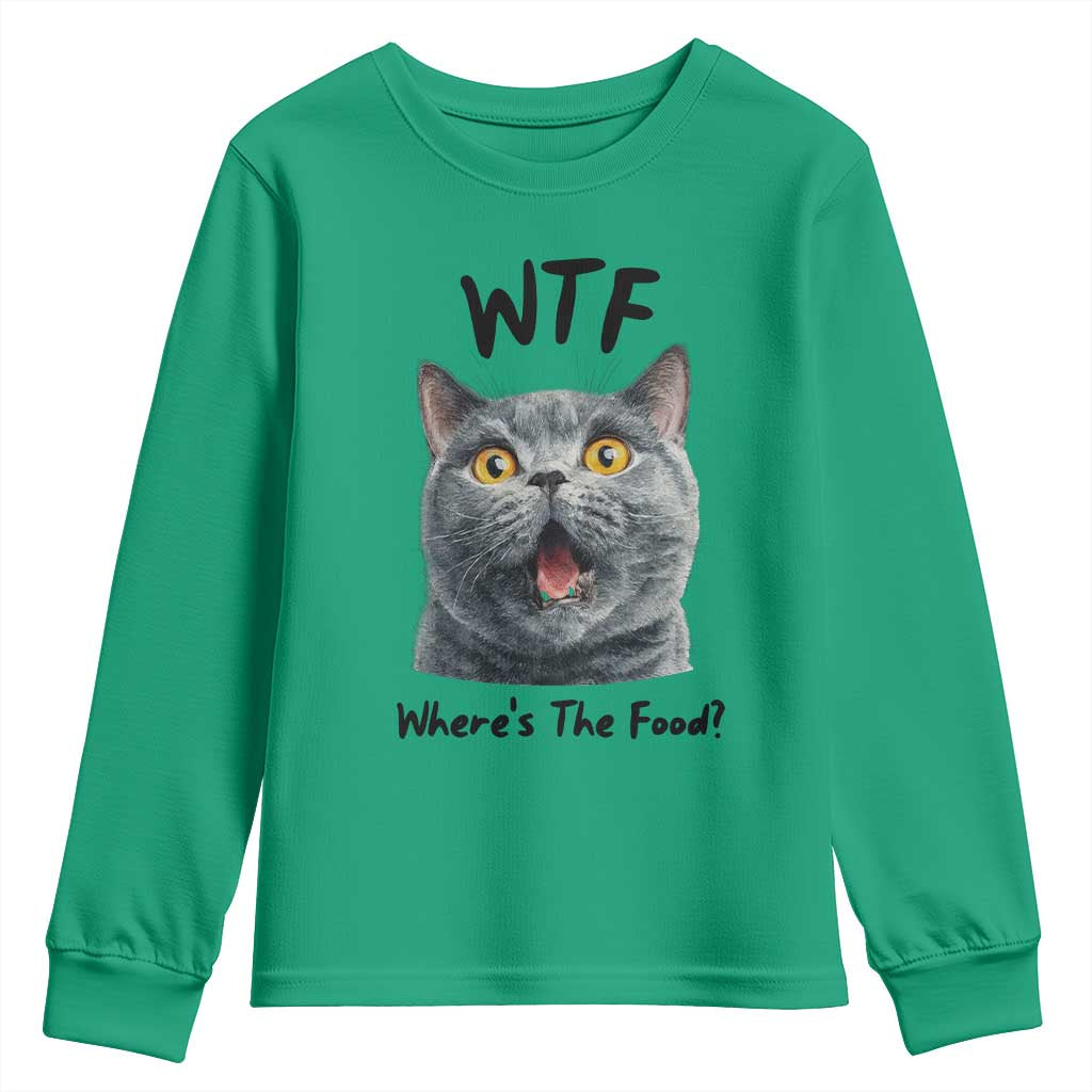 Funny Shocked British Shorthair Cat Youth Sweatshirt Where Is The Food TS12 Irish Green Print Your Wear
