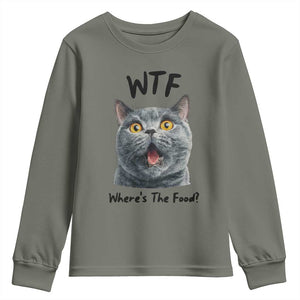 Funny Shocked British Shorthair Cat Youth Sweatshirt Where Is The Food TS12 Military Green Print Your Wear