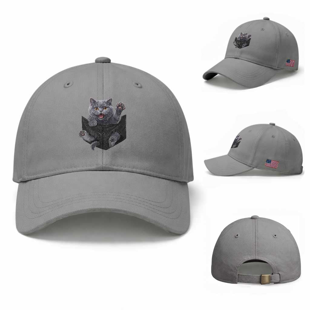 Cute British Shorthair Cat In Pocket Baseball Cap Cat Lover TS12 Baseball Cap Universal Fit Sport Gray Print Your Wear