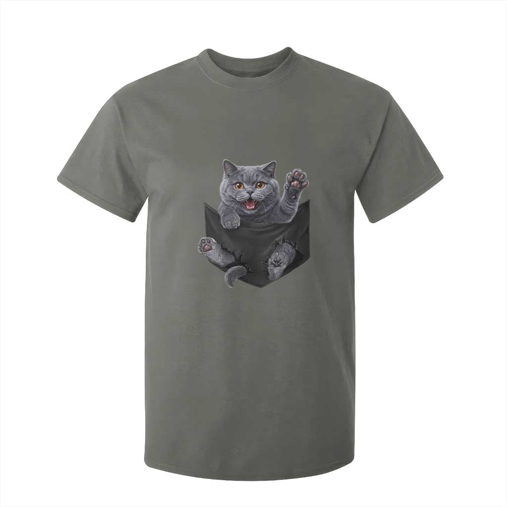 Cute British Shorthair Cat In Pocket T Shirt For Kid Cat Lover TS12 Military Green Print Your Wear