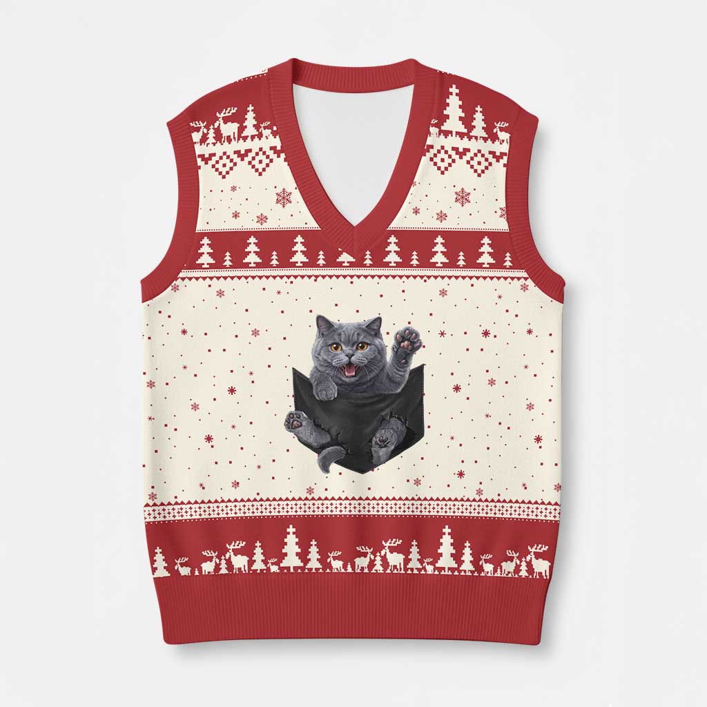 Cute British Shorthair Cat In Pocket V-Neck Knit Sweater Vest Cat Lover TS12 Beige Red Print Your Wear