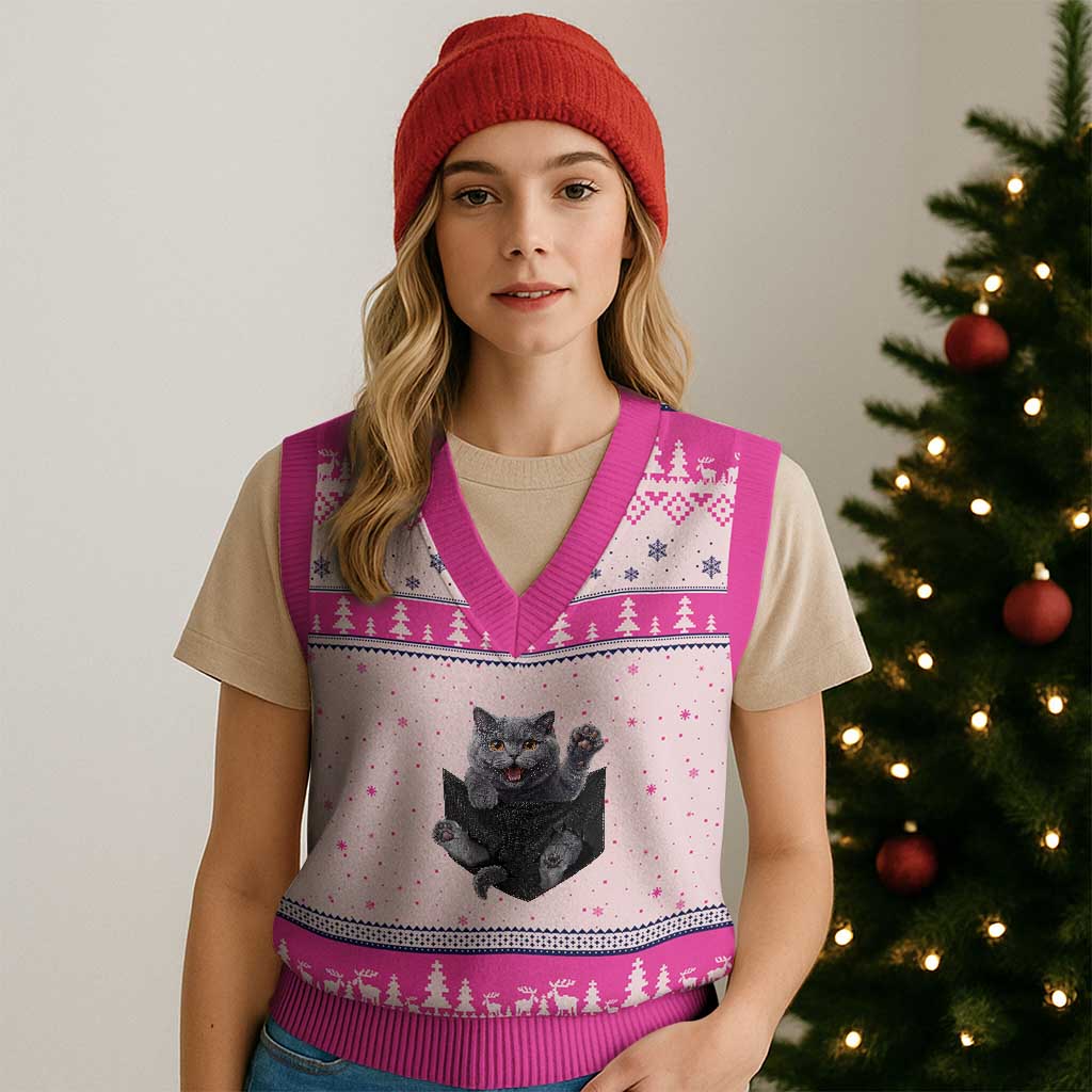 Cute British Shorthair Cat In Pocket V-Neck Knit Sweater Vest Cat Lover TS12 Hot Pink Print Your Wear