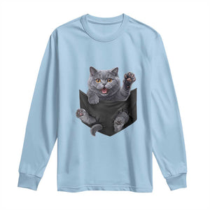 Cute British Shorthair Cat In Pocket Long Sleeve Shirt Cat Lover TS12 Light Blue Print Your Wear