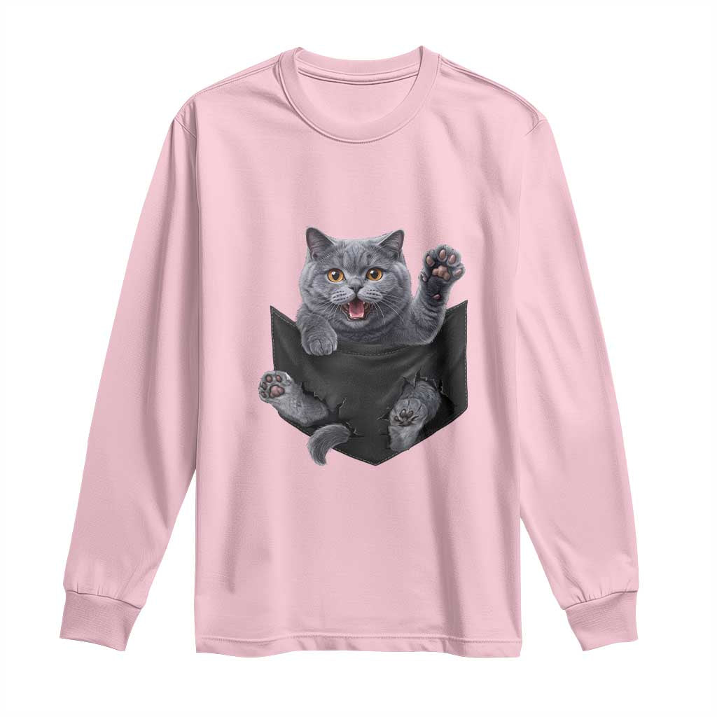 Cute British Shorthair Cat In Pocket Long Sleeve Shirt Cat Lover TS12 Light Pink Print Your Wear