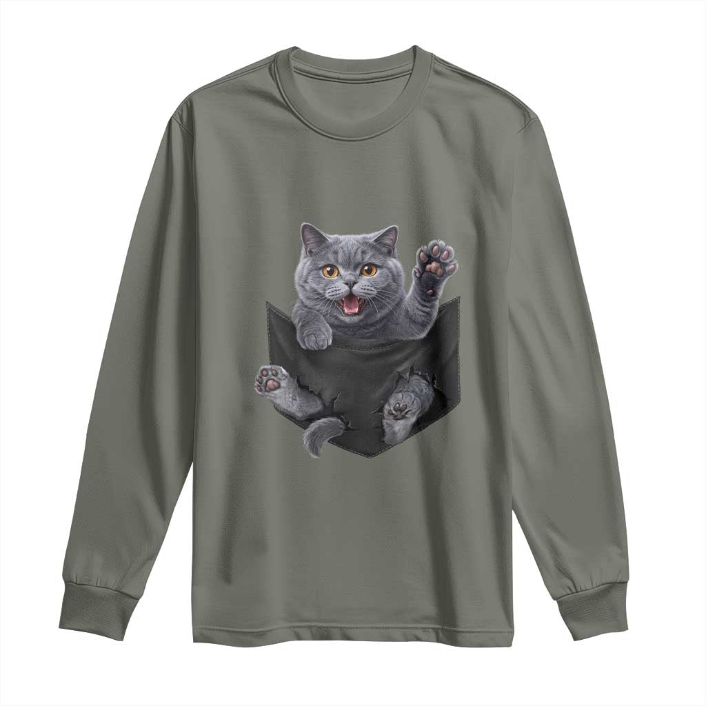 Cute British Shorthair Cat In Pocket Long Sleeve Shirt Cat Lover TS12 Military Green Print Your Wear