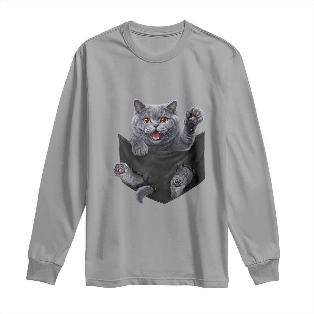 Cute British Shorthair Cat In Pocket Long Sleeve Shirt Cat Lover TS12 Sport Gray Print Your Wear
