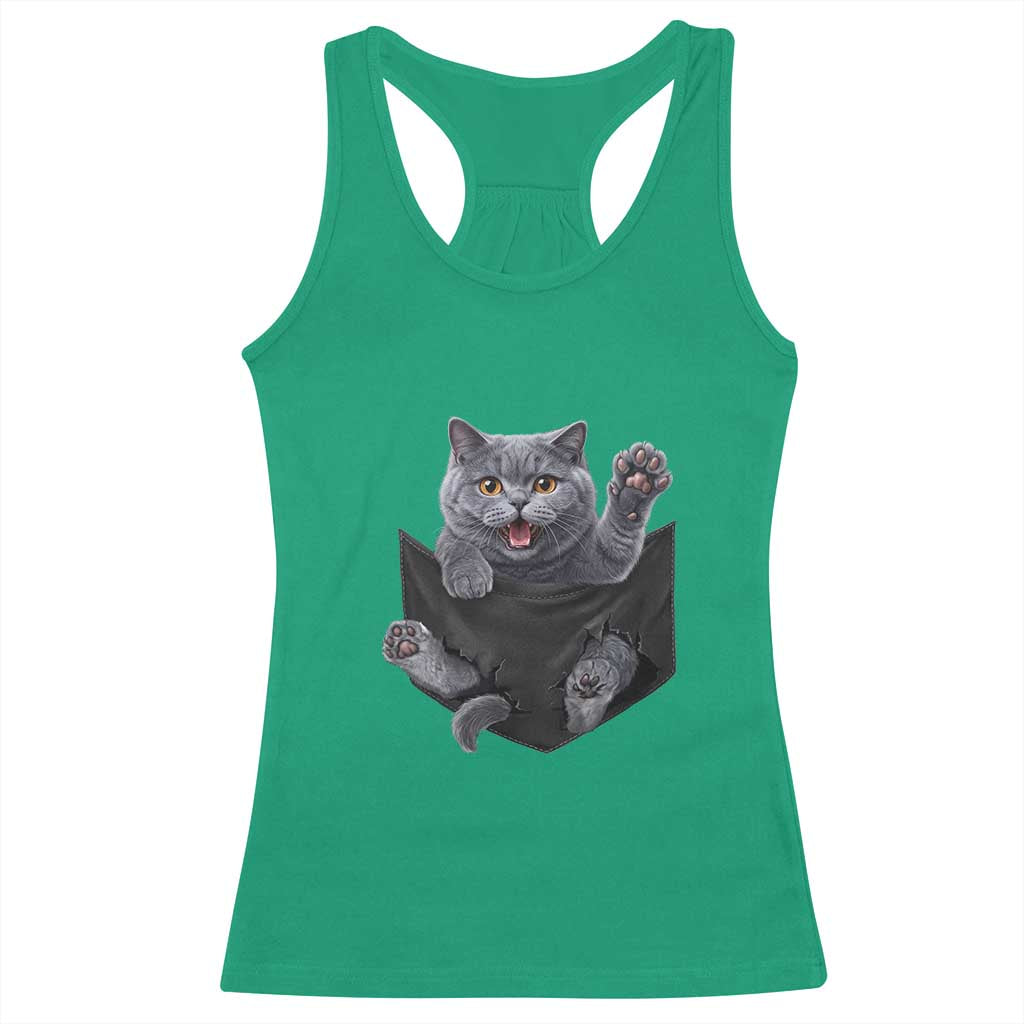 Cute British Shorthair Cat In Pocket Racerback Tank Top Cat Lover TS12 Irish Green Print Your Wear