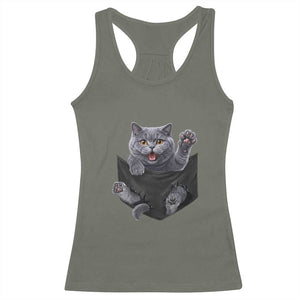 Cute British Shorthair Cat In Pocket Racerback Tank Top Cat Lover TS12 Military Green Print Your Wear