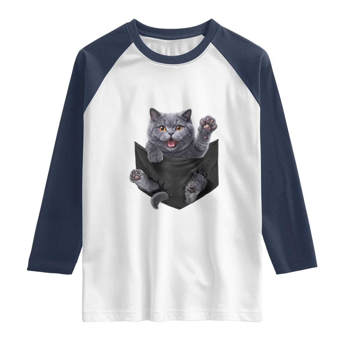 Cute British Shorthair Cat In Pocket Raglan Shirt Cat Lover TS12 White Navy Print Your Wear