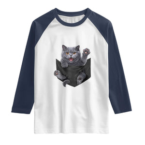 Cute British Shorthair Cat In Pocket Raglan Shirt Cat Lover TS12 White Navy Print Your Wear