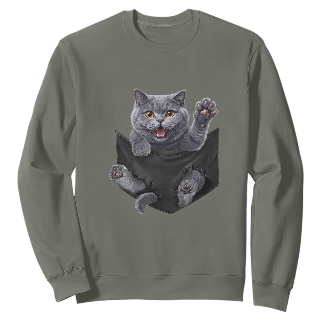 Cute British Shorthair Cat In Pocket Sweatshirt Cat Lover TS12 Military Green Print Your Wear
