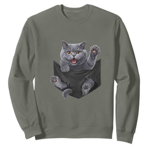 Cute British Shorthair Cat In Pocket Sweatshirt Cat Lover TS12 Military Green Print Your Wear
