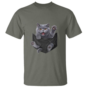 Cute British Shorthair Cat In Pocket T Shirt Cat Lover TS12 Military Green Print Your Wear