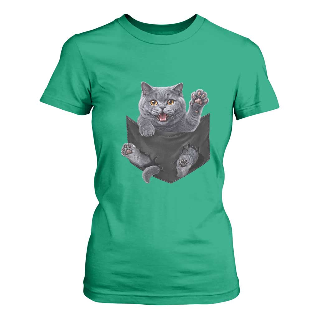 Cute British Shorthair Cat In Pocket T Shirt For Women Cat Lover TS12 Irish Green Print Your Wear