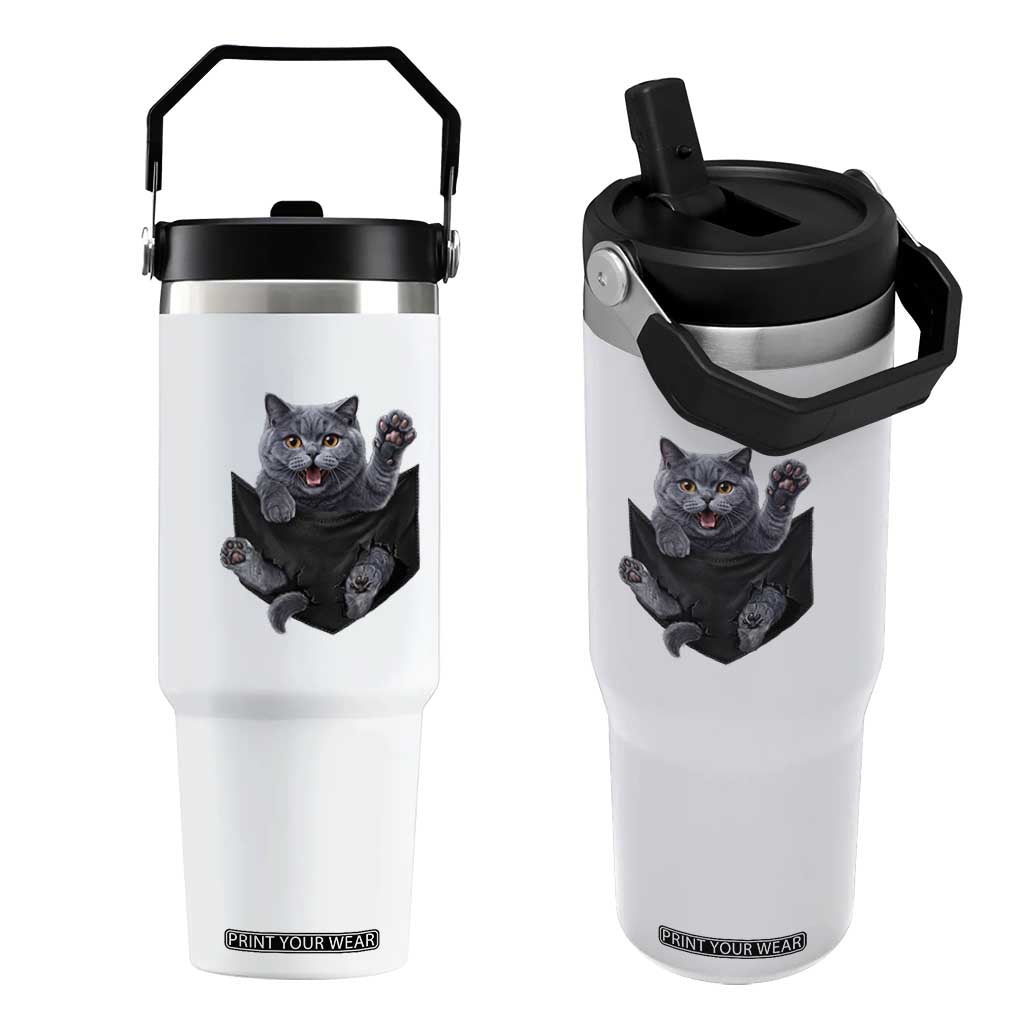 Cute British Shorthair Cat In Pocket Flip Straw Tumbler Cat Lover TS12 One Size: 30 oz White Print Your Wear