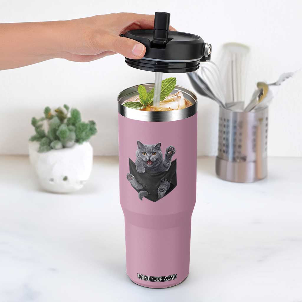 Cute British Shorthair Cat In Pocket Flip Straw Tumbler Cat Lover TS12 One Size: 30 oz Light Pink Print Your Wear