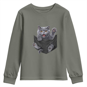 Cute British Shorthair Cat In Pocket Youth Sweatshirt Cat Lover TS12 Military Green Print Your Wear
