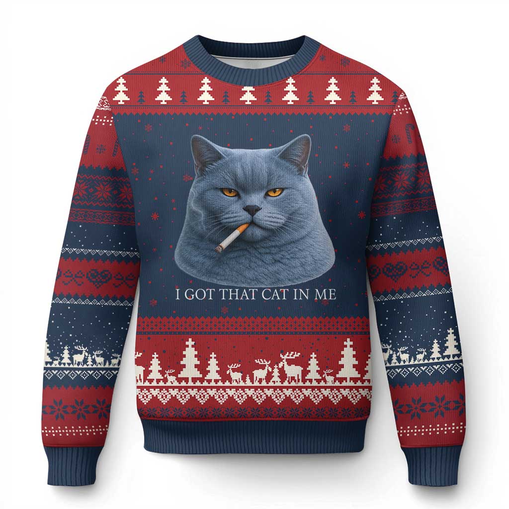 Funny British Shorthair Smoking Ugly Christmas Sweater I Got That Cat In Me TS12 Navy Red Print Your Wear