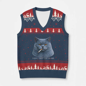 Funny British Shorthair Smoking V-Neck Knit Sweater Vest I Got That Cat In Me TS12 Navy Red Print Your Wear