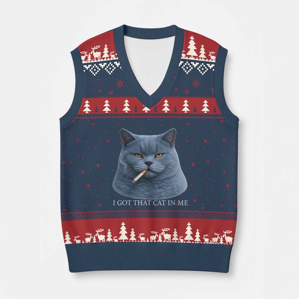 Funny British Shorthair Smoking V-Neck Knit Sweater Vest I Got That Cat In Me TS12 Navy Red Print Your Wear